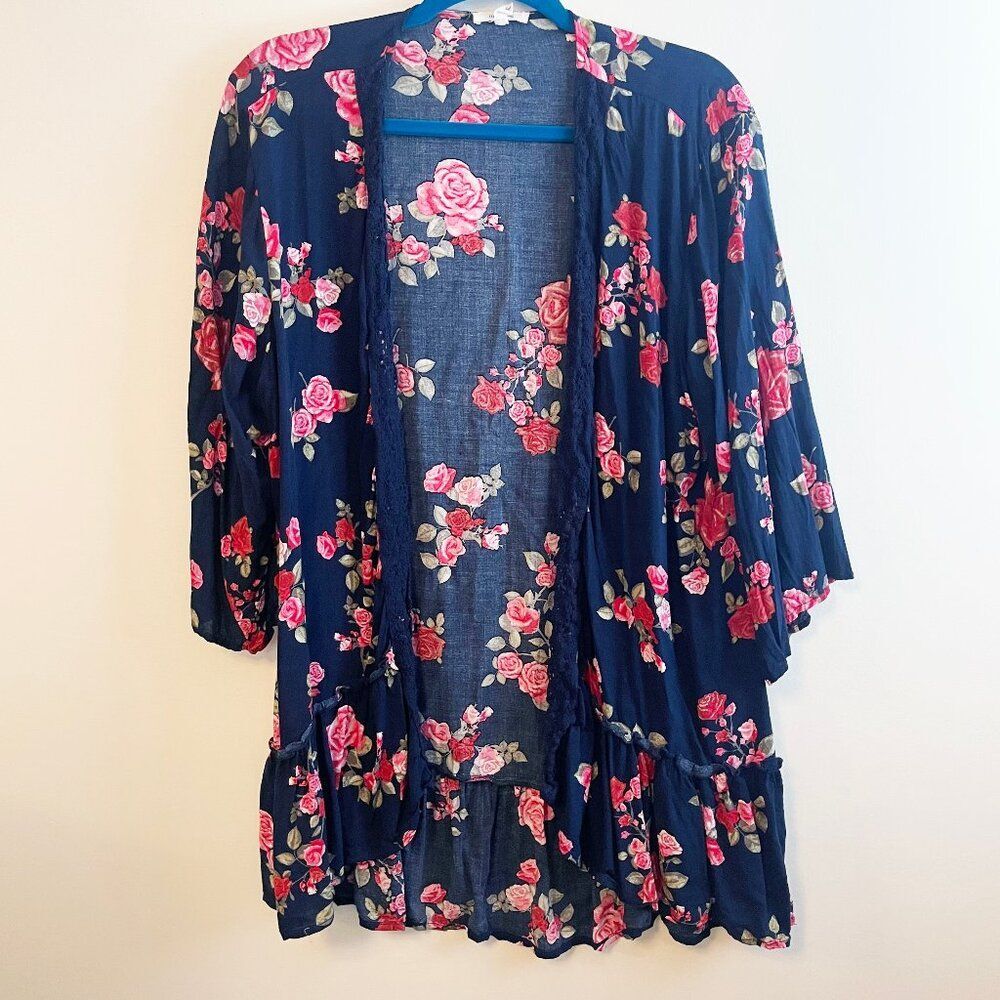 Navy Blue Pink Red Rose Floral Boho Garden Party Kimono Maurices Size XL
